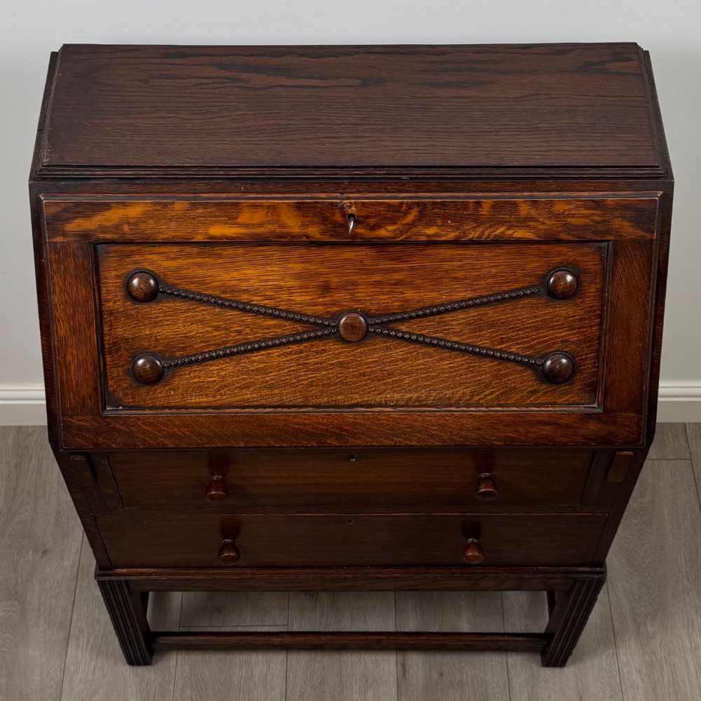 Antique 20th Century Jacobean Style Bureau In Oak View X