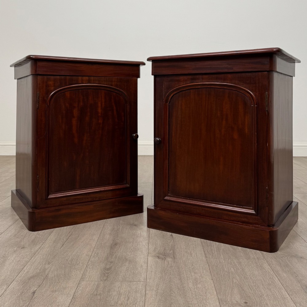 A pair of matching 19th-century Victorian mahogany bedside cabinets with single arched panel doors and plinth bases.