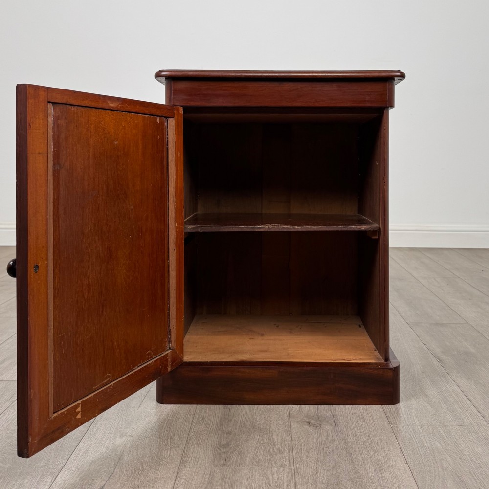 A pair of matching 19th-century Victorian mahogany bedside cabinets with single arched panel doors and plinth bases. View III