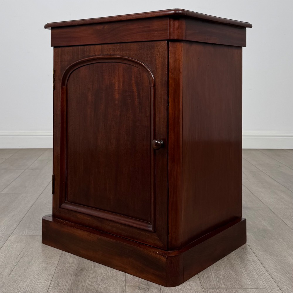 A pair of matching 19th-century Victorian mahogany bedside cabinets with single arched panel doors and plinth bases. View IV