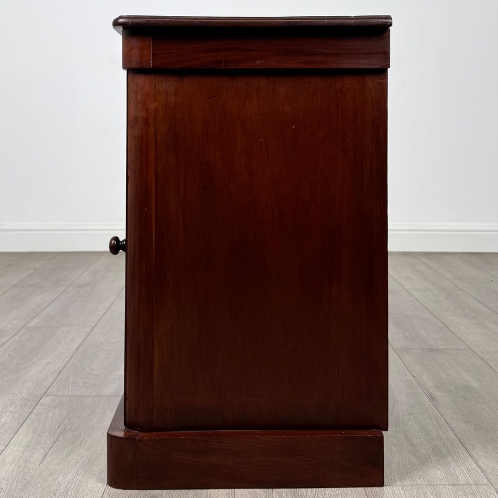 A pair of matching 19th-century Victorian mahogany bedside cabinets with single arched panel doors and plinth bases. View V