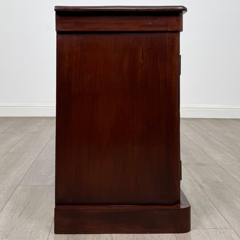 A pair of matching 19th-century Victorian mahogany bedside cabinets with single arched panel doors and plinth bases. View IX