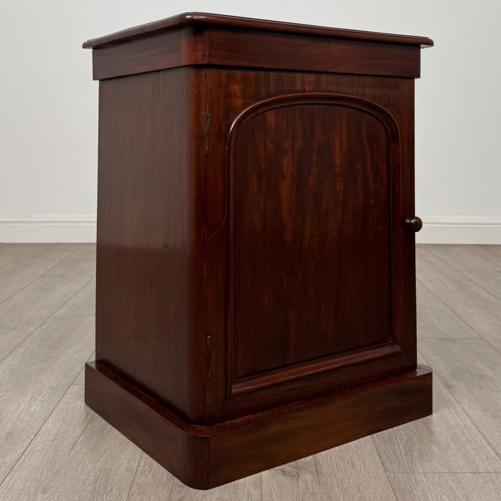 A pair of matching 19th-century Victorian mahogany bedside cabinets with single arched panel doors and plinth bases. View X