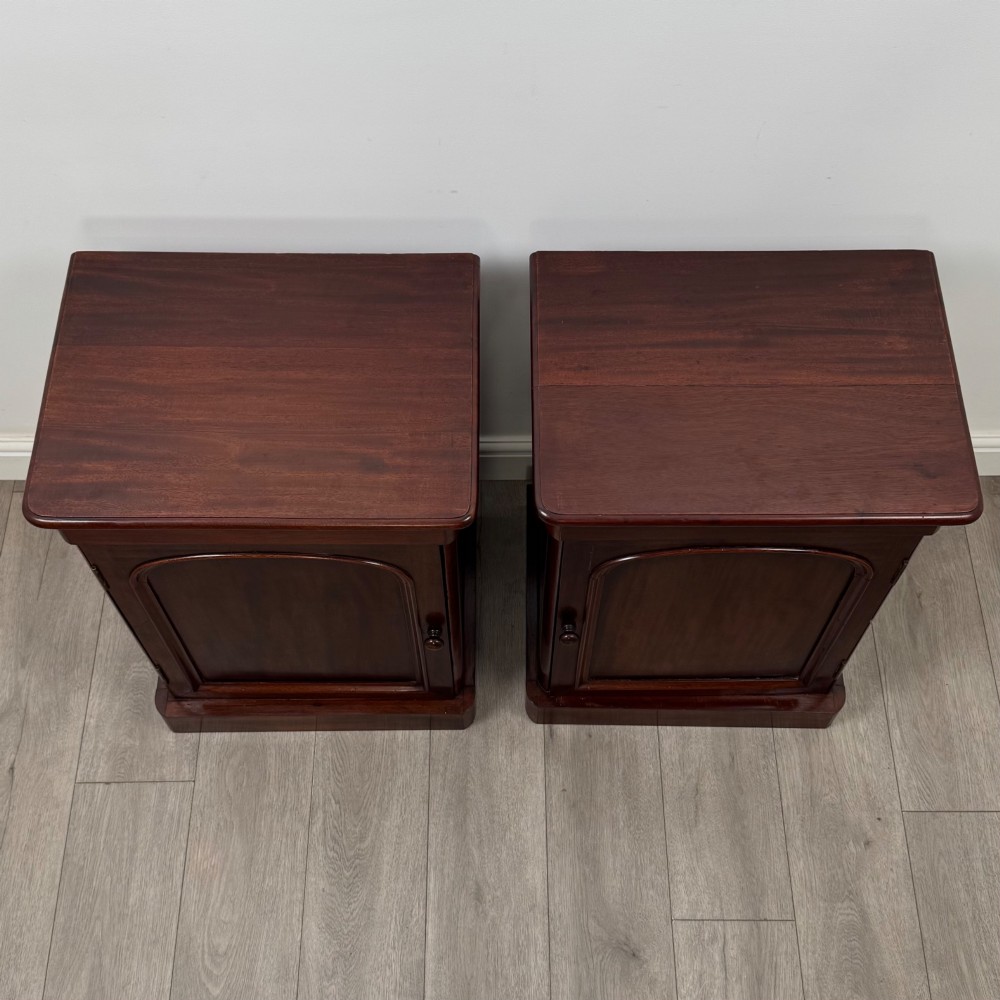 A pair of matching 19th-century Victorian mahogany bedside cabinets with single arched panel doors and plinth bases. View XI