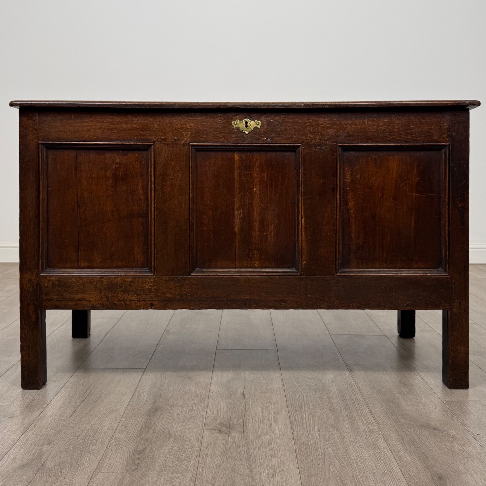 An 18th-century dark oak coffer featuring three sunken front panels, raised stiles, a hinged lid, and a central brass keyhole escutcheon.
