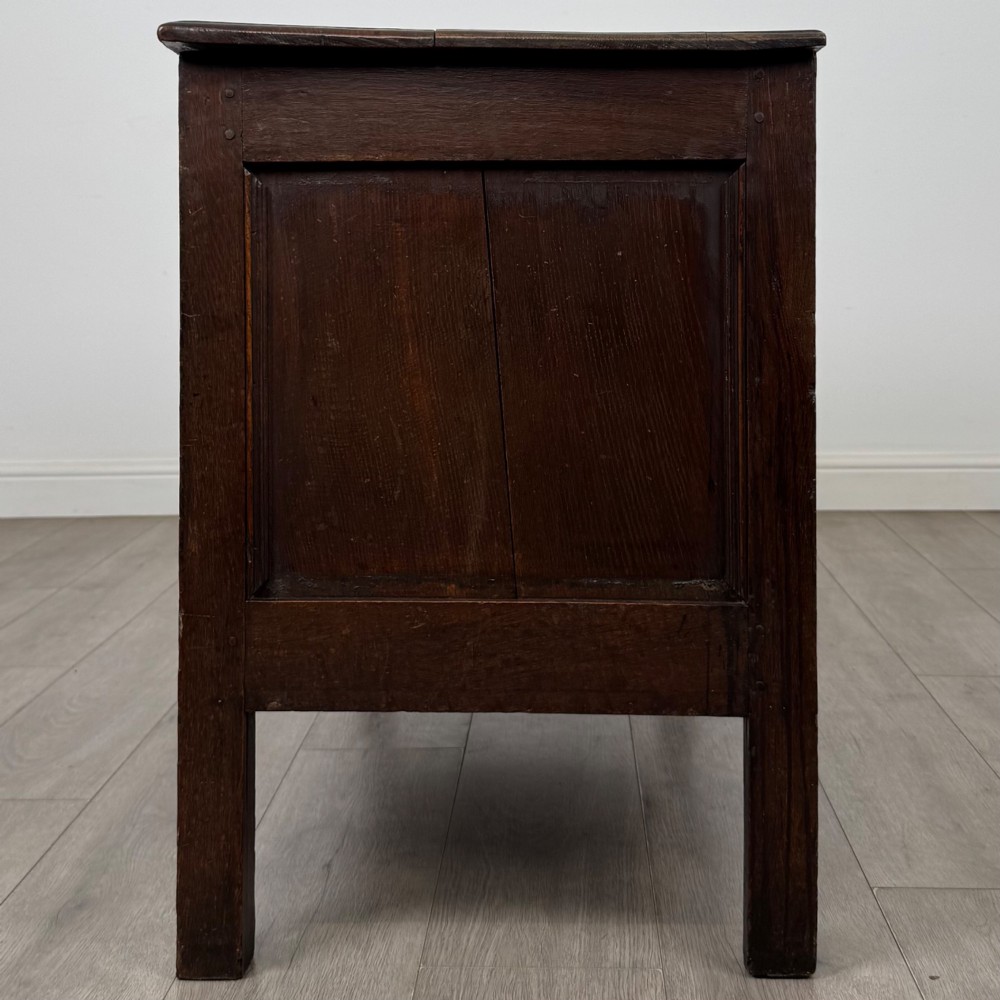 An 18th-century dark oak coffer featuring three sunken front panels, raised stiles, a hinged lid, and a central brass keyhole escutcheon. View III
