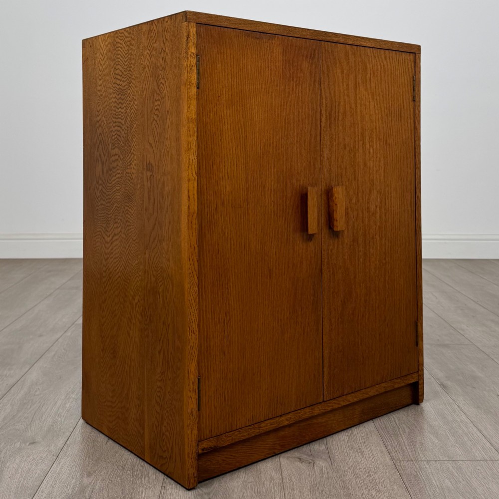 A freestanding golden oak cupboard featuring two flush rectangular doors with matching wooden block handles and brass hinges. View IX