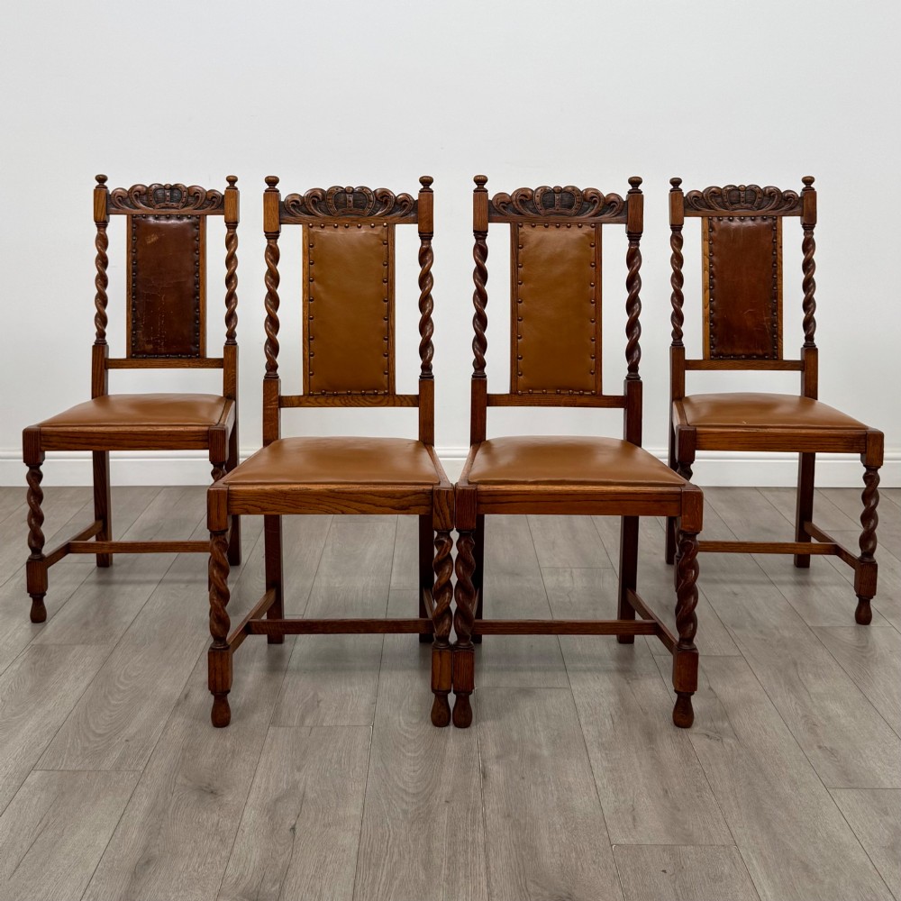 Antique 20th Century Set Of 4 Barley Twist Dining Chairs In Oak