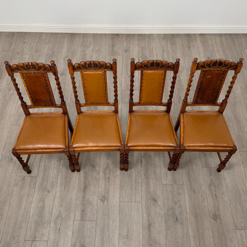 Antique 20th Century Set Of 4 Barley Twist Dining Chairs In Oak View VIII