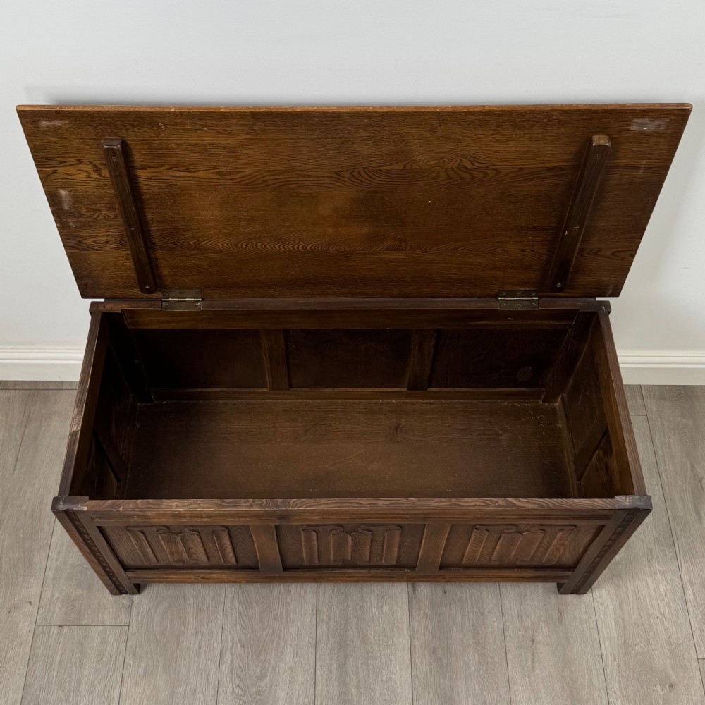 Antique 20th Century Linenfold Blanket Box In Oak View X
