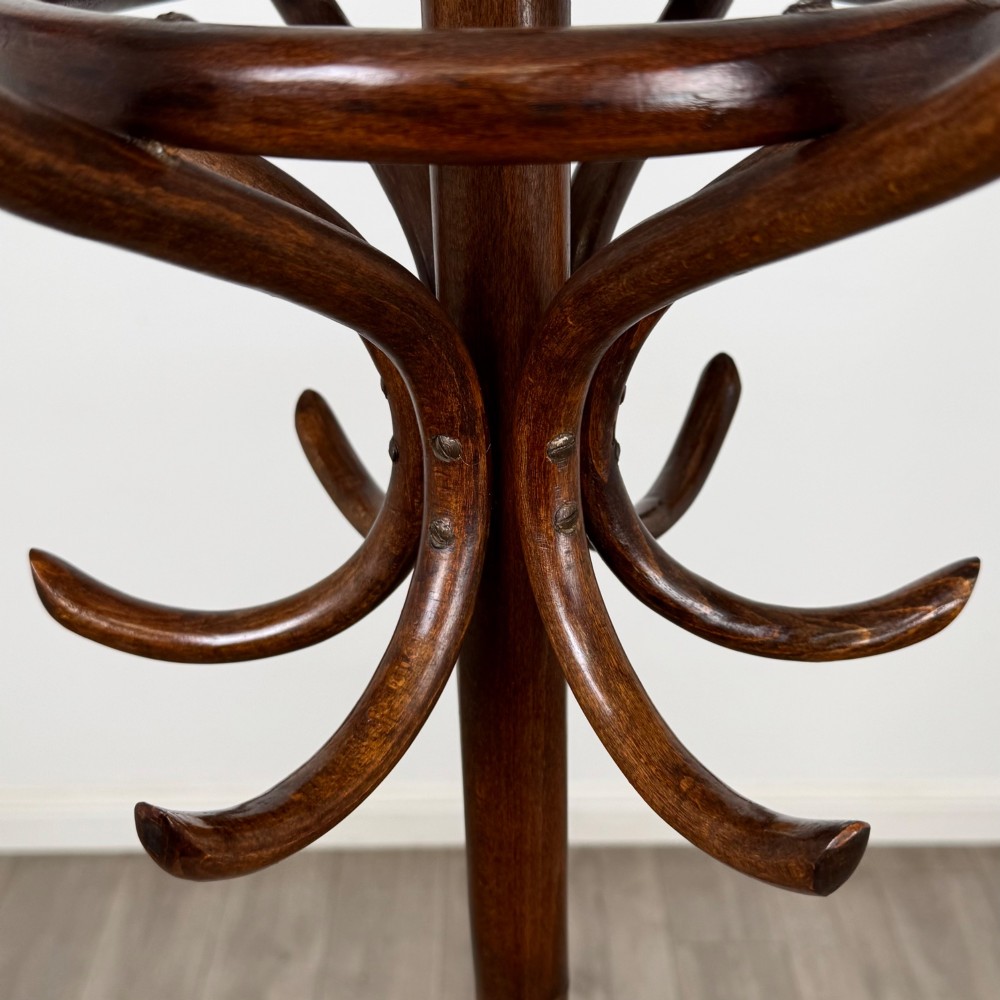 A tall dark brown beech bentwood coat stand featuring multiple curved hooks at the top and a circular quadruped base. View V