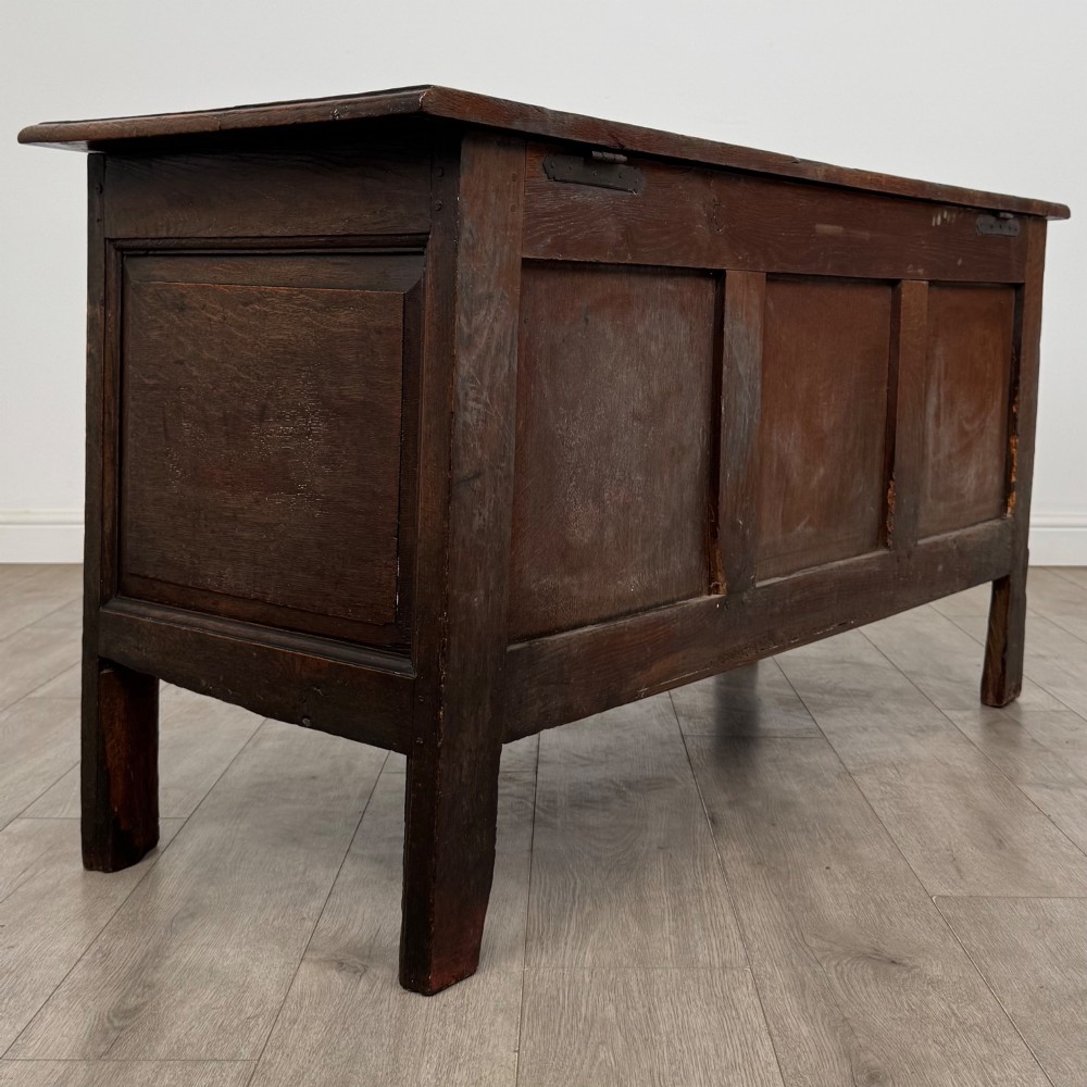 An 18th-century Georgian golden oak coffer featuring three raised panel front section and a carved top rail dated 1723 with initials D H. View IV