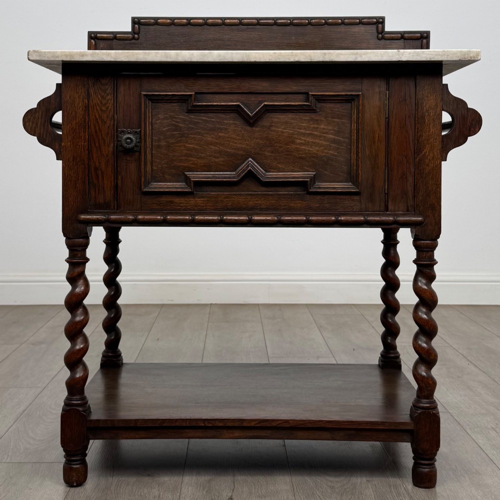 Antique 20th Century Edwardian Marble Top Washstand In Oak
