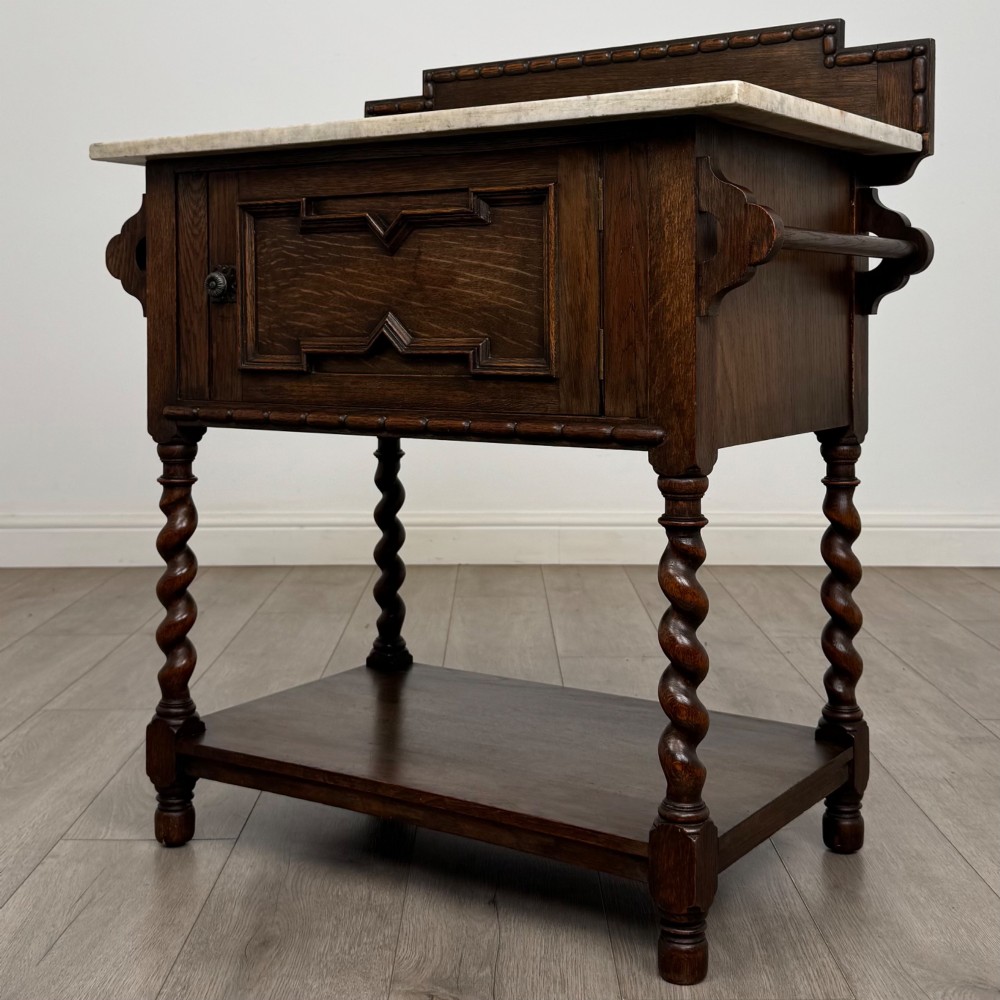 Antique 20th Century Edwardian Marble Top Washstand In Oak View III