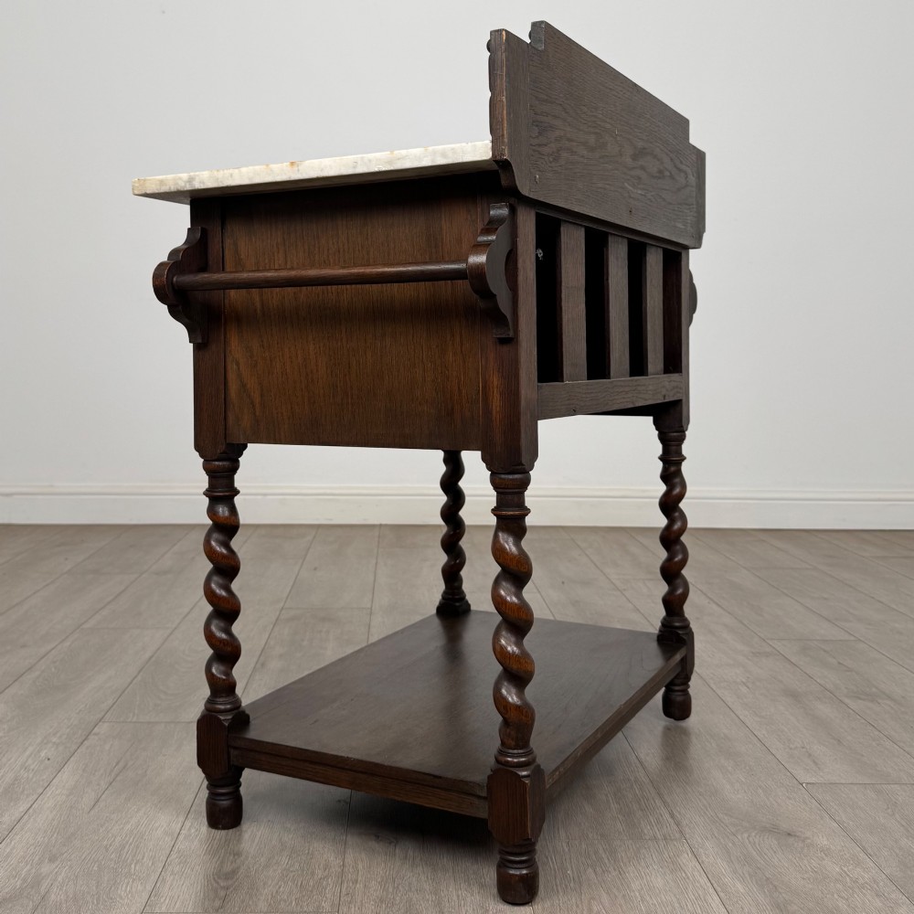 Antique 20th Century Edwardian Marble Top Washstand In Oak View V