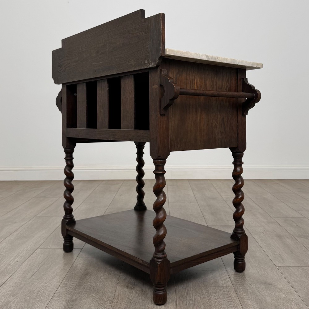 Antique 20th Century Edwardian Marble Top Washstand In Oak View VII