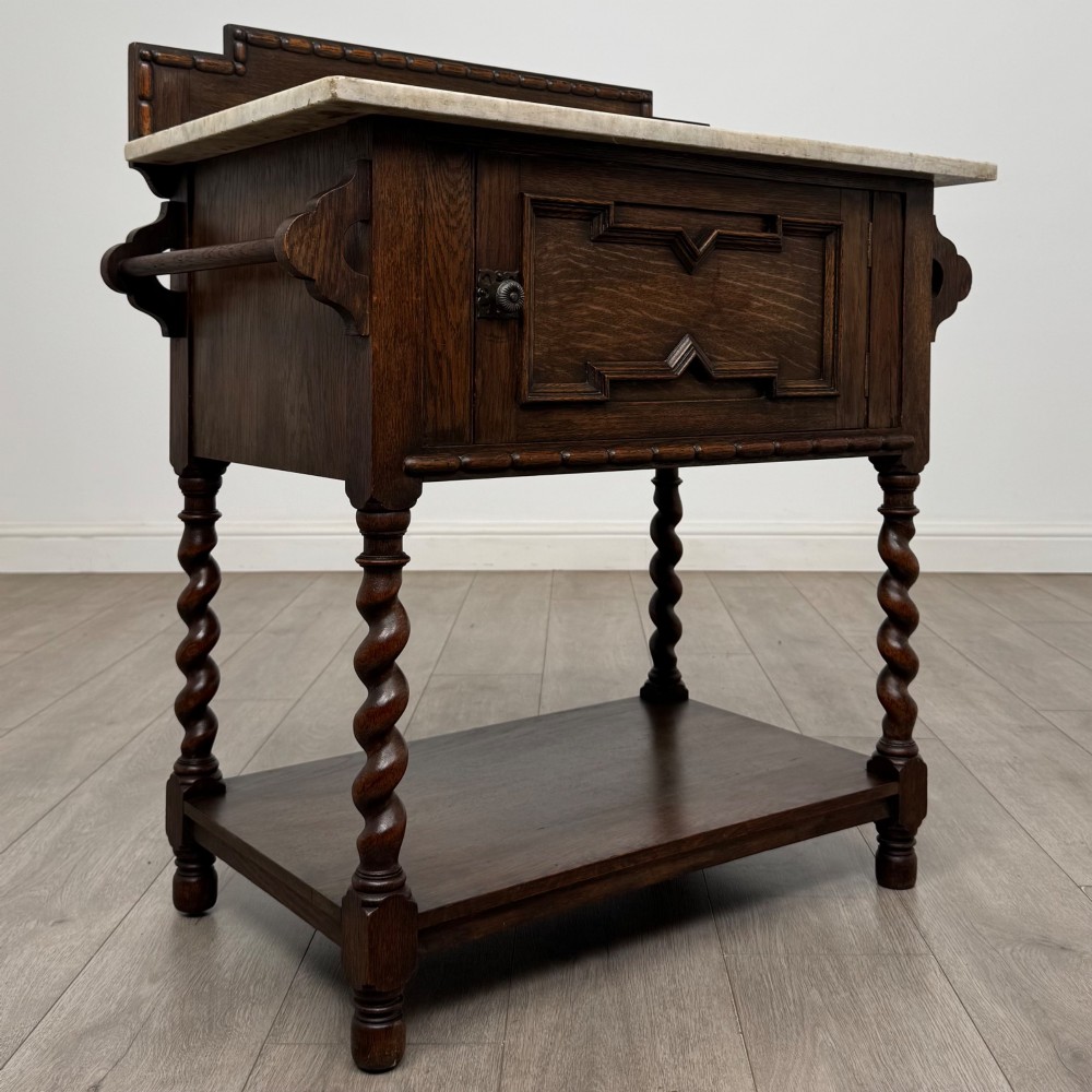 Antique 20th Century Edwardian Marble Top Washstand In Oak View IX