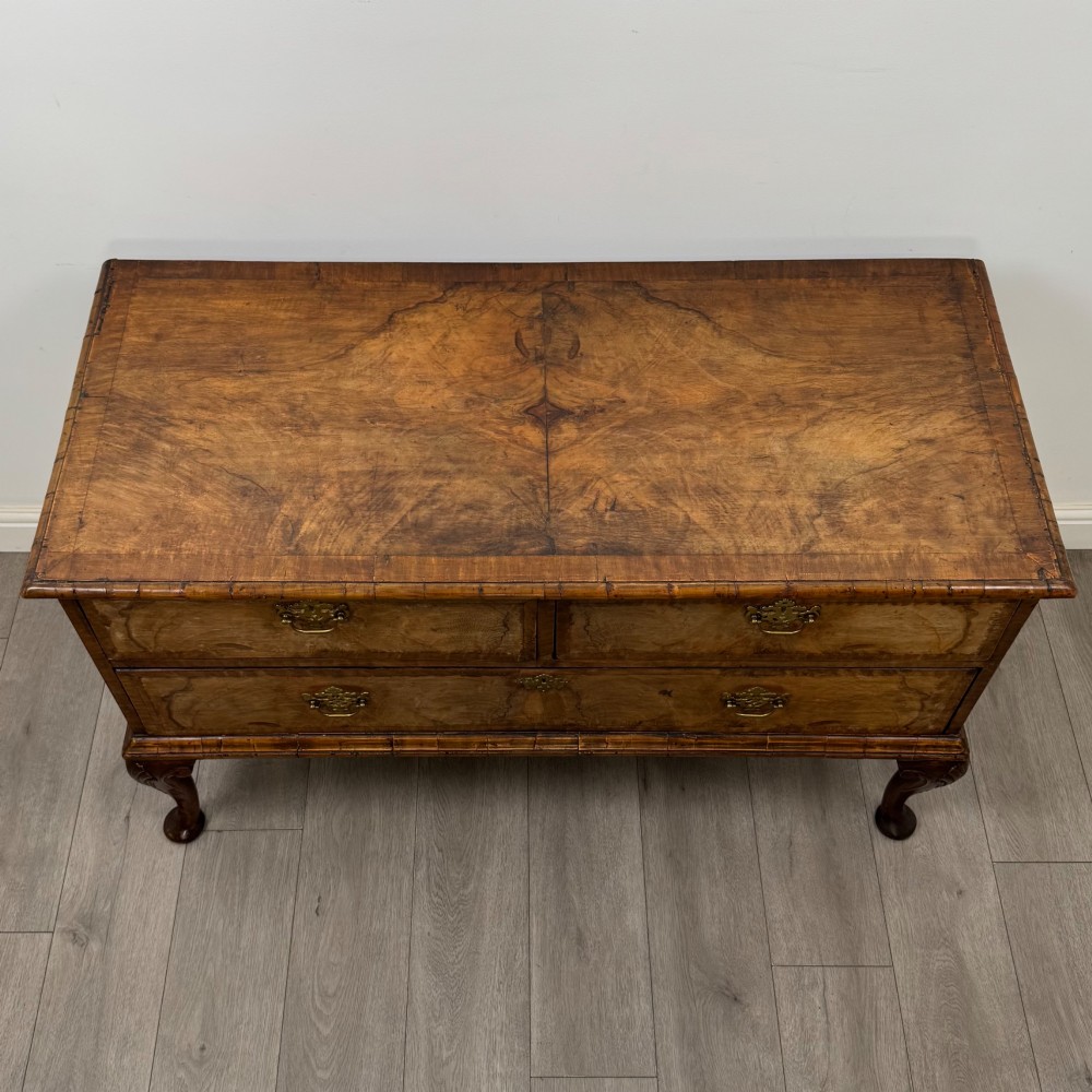 An 18th-century Queen Anne walnut chest of drawers featuring figured wood veneer, brass drop handles, and cabriole legs ending in pad feet. View IX