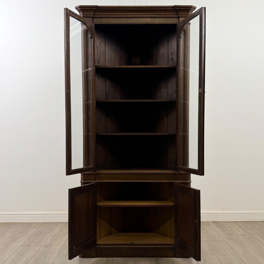A tall dark oak Jacobean style corner cabinet featuring glazed display doors above lower cupboard doors with geometric fielded panelling. View III