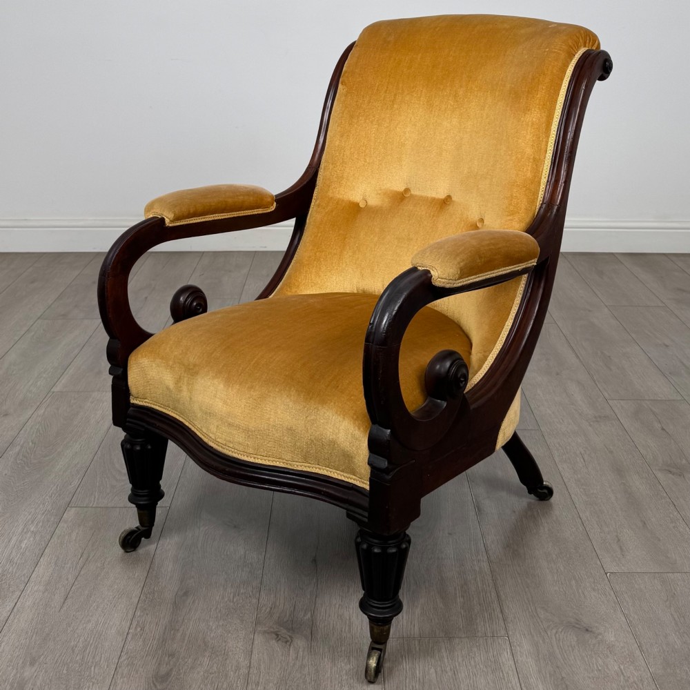 A pair of 19th-century William IV mahogany armchairs upholstered in mustard gold velvet featuring carved scroll arms and turned front legs on brass castors. View II