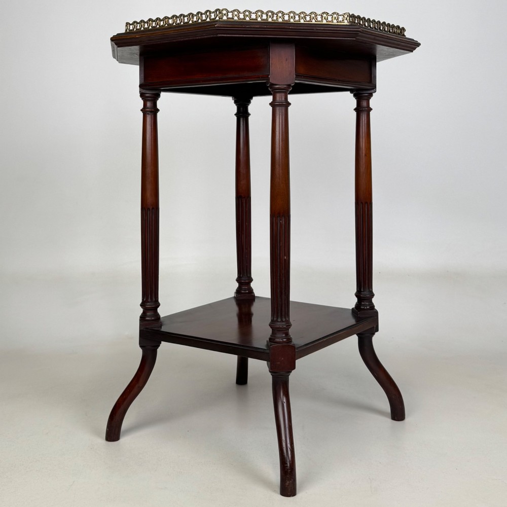 A 19th-century mahogany octagonal side table featuring a brass gallery rail, fluted turned legs, an undertier shelf, and splayed feet.