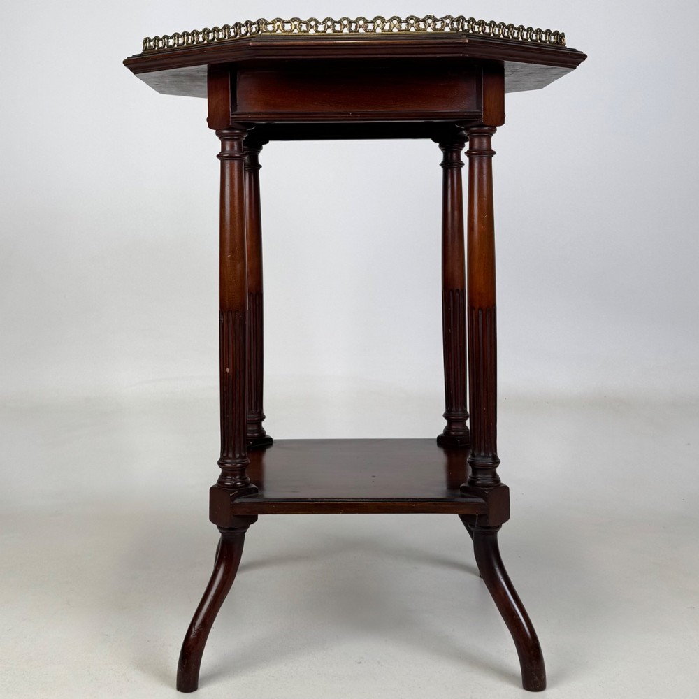 A 19th-century mahogany octagonal side table featuring a brass gallery rail, fluted turned legs, an undertier shelf, and splayed feet. View II