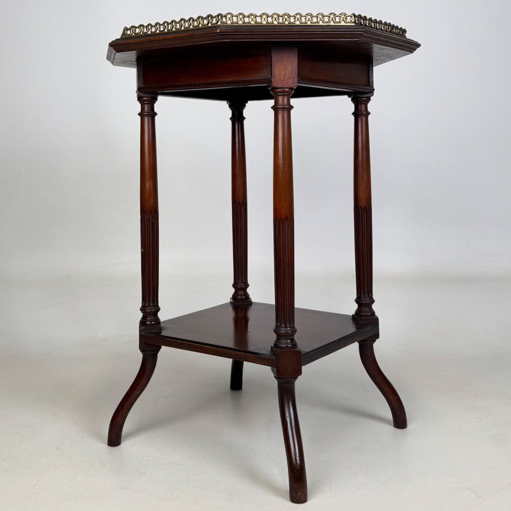 A 19th-century mahogany octagonal side table featuring a brass gallery rail, fluted turned legs, an undertier shelf, and splayed feet. View III