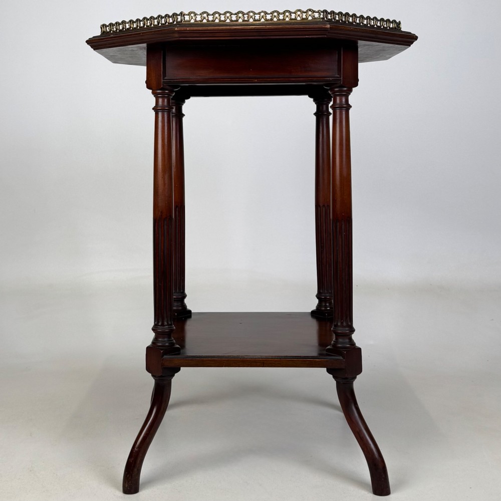 A 19th-century mahogany octagonal side table featuring a brass gallery rail, fluted turned legs, an undertier shelf, and splayed feet. View VI