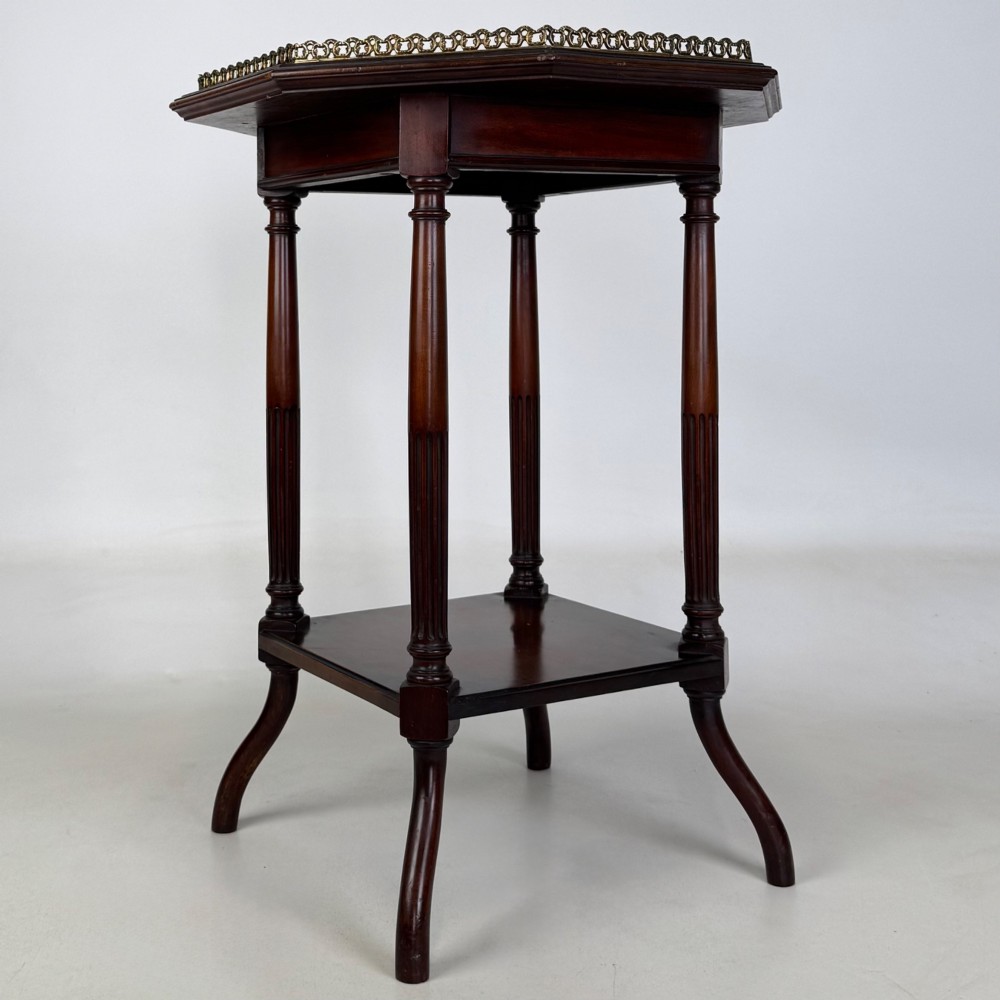 A 19th-century mahogany octagonal side table featuring a brass gallery rail, fluted turned legs, an undertier shelf, and splayed feet. View VII