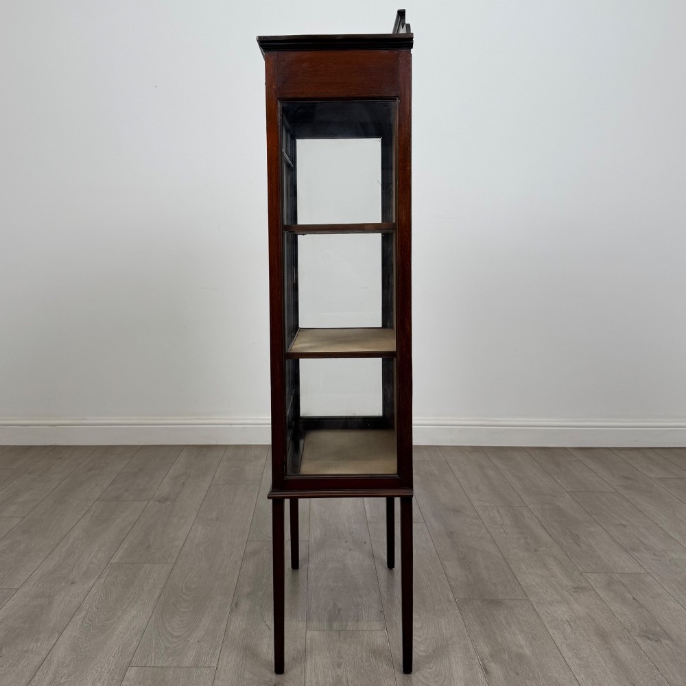 A slender Edwardian mahogany display cabinet featuring a single glazed door with geometric glazing bars, floral inlay on the top frieze, and long tapered legs. View IV