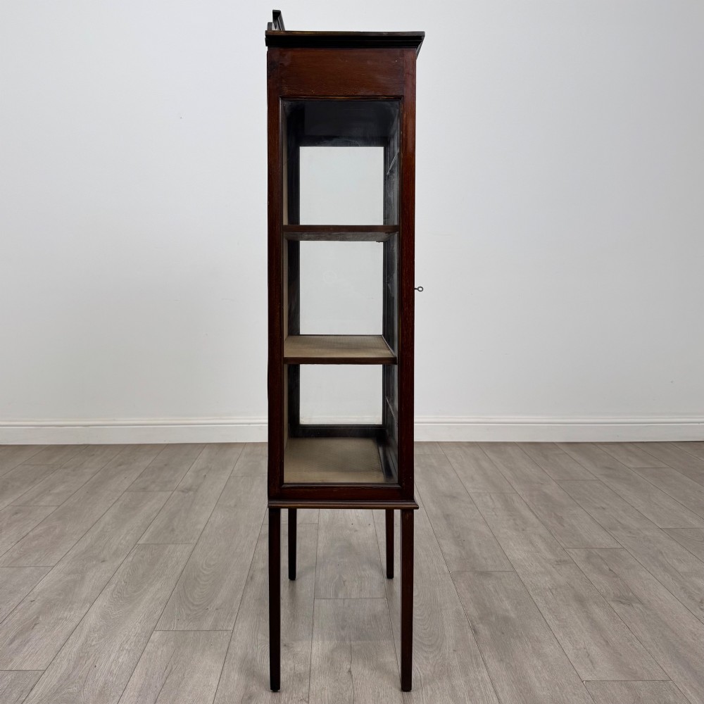 A slender Edwardian mahogany display cabinet featuring a single glazed door with geometric glazing bars, floral inlay on the top frieze, and long tapered legs. View VIII