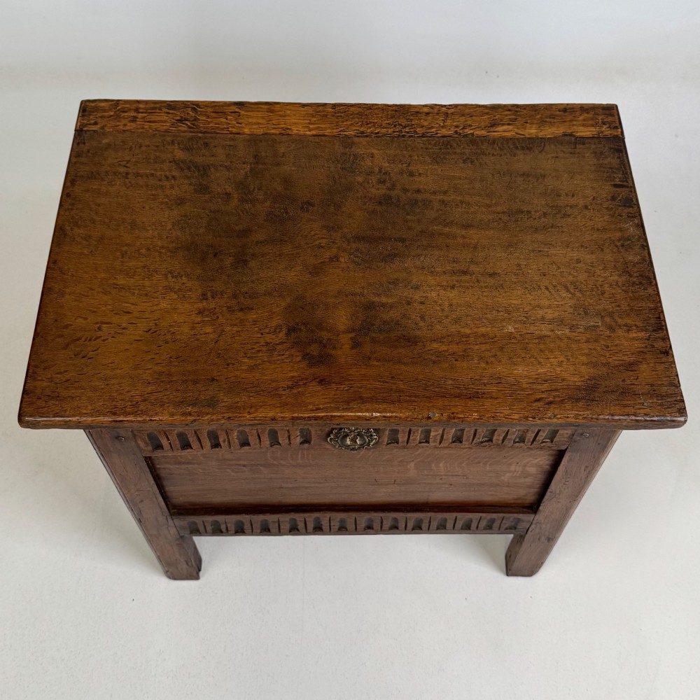 An 18th-century small oak coffer chest featuring carved vertical fluting along the top and bottom rails, a central decorative brass escutcheon, and straight squared legs. View IX