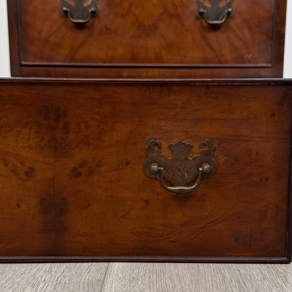 A tall, narrow dark brown burr walnut chest of drawers featuring brass handles and carved cabriole legs. View XI
