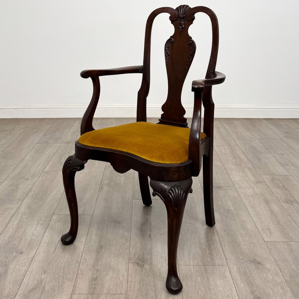 A set of six dark mahogany dining chairs featuring cabriole legs, carved back splats, and gold velvet drop-in seats. View II
