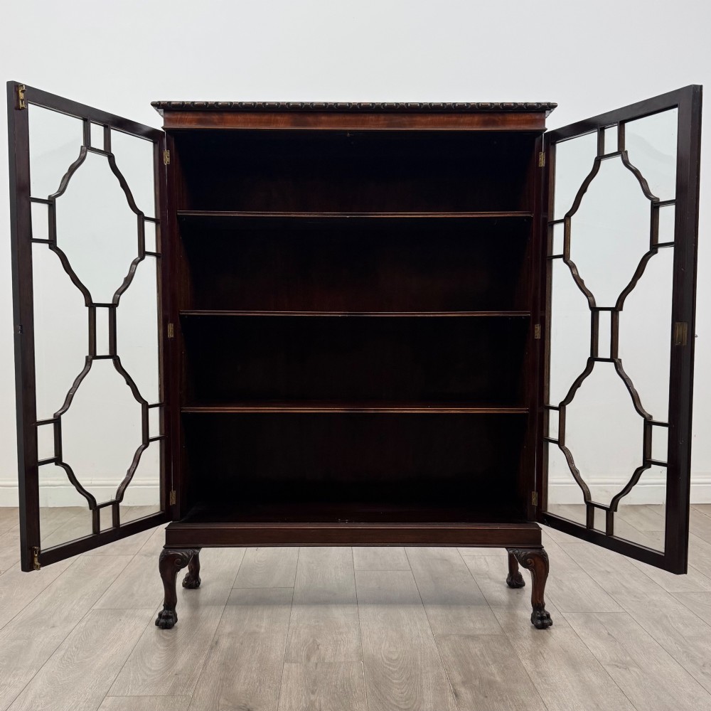 An Edwardian dark mahogany display cabinet featuring double astragal glazed doors and cabriole legs with carved claw and ball feet. View II