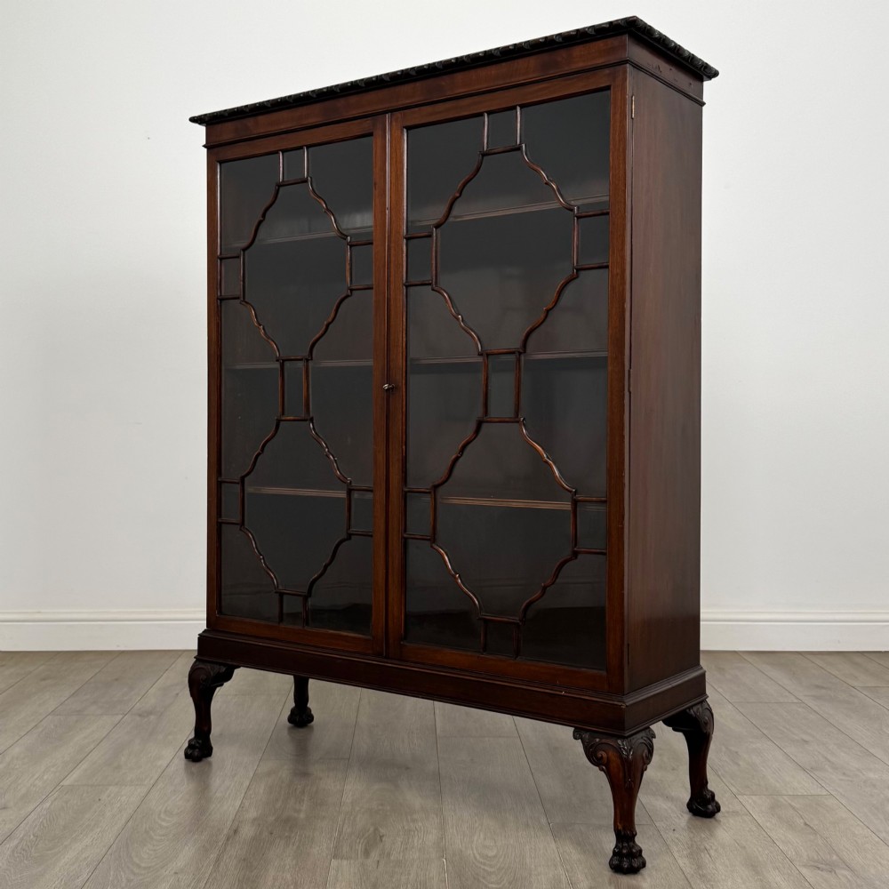 An Edwardian dark mahogany display cabinet featuring double astragal glazed doors and cabriole legs with carved claw and ball feet. View III
