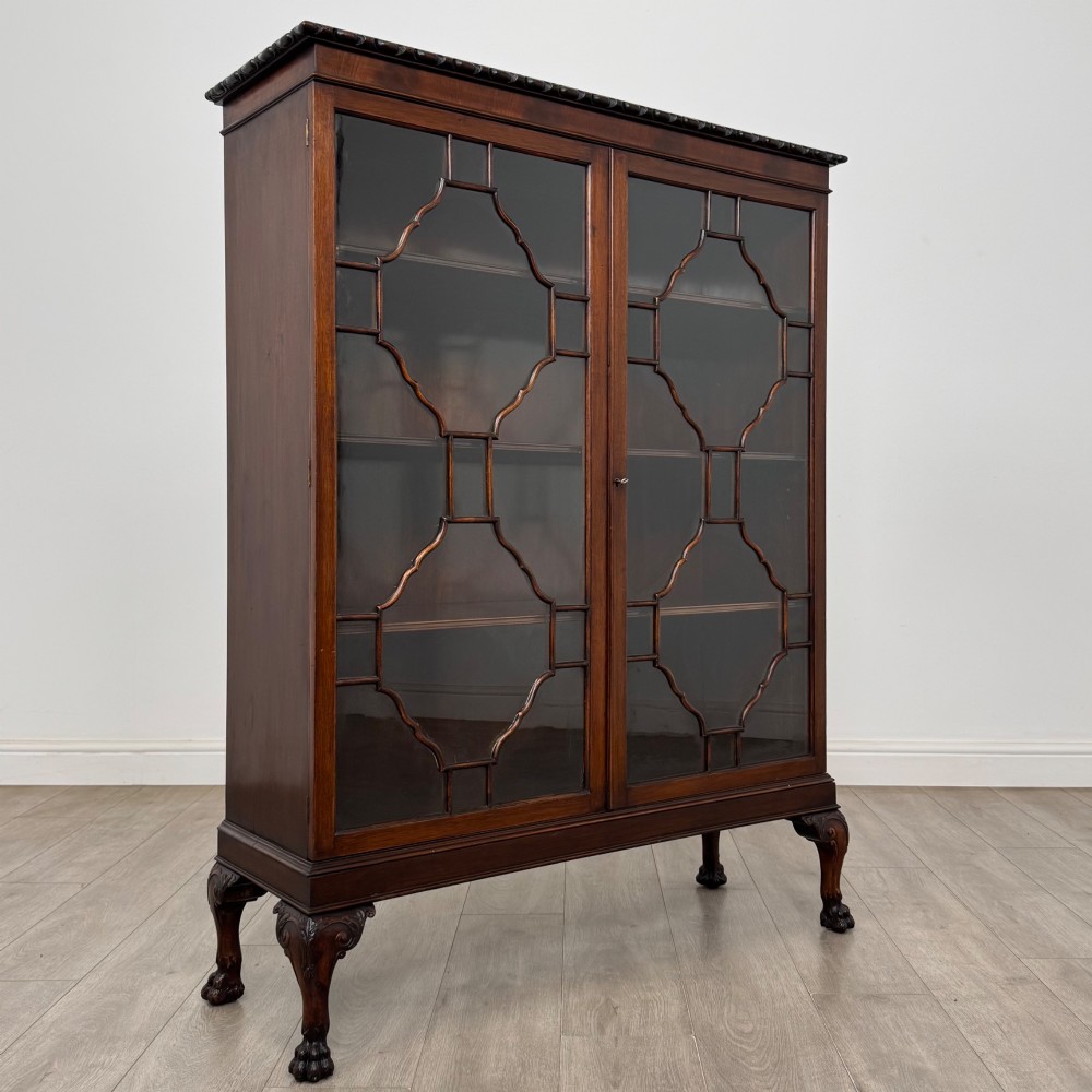 An Edwardian dark mahogany display cabinet featuring double astragal glazed doors and cabriole legs with carved claw and ball feet. View IX