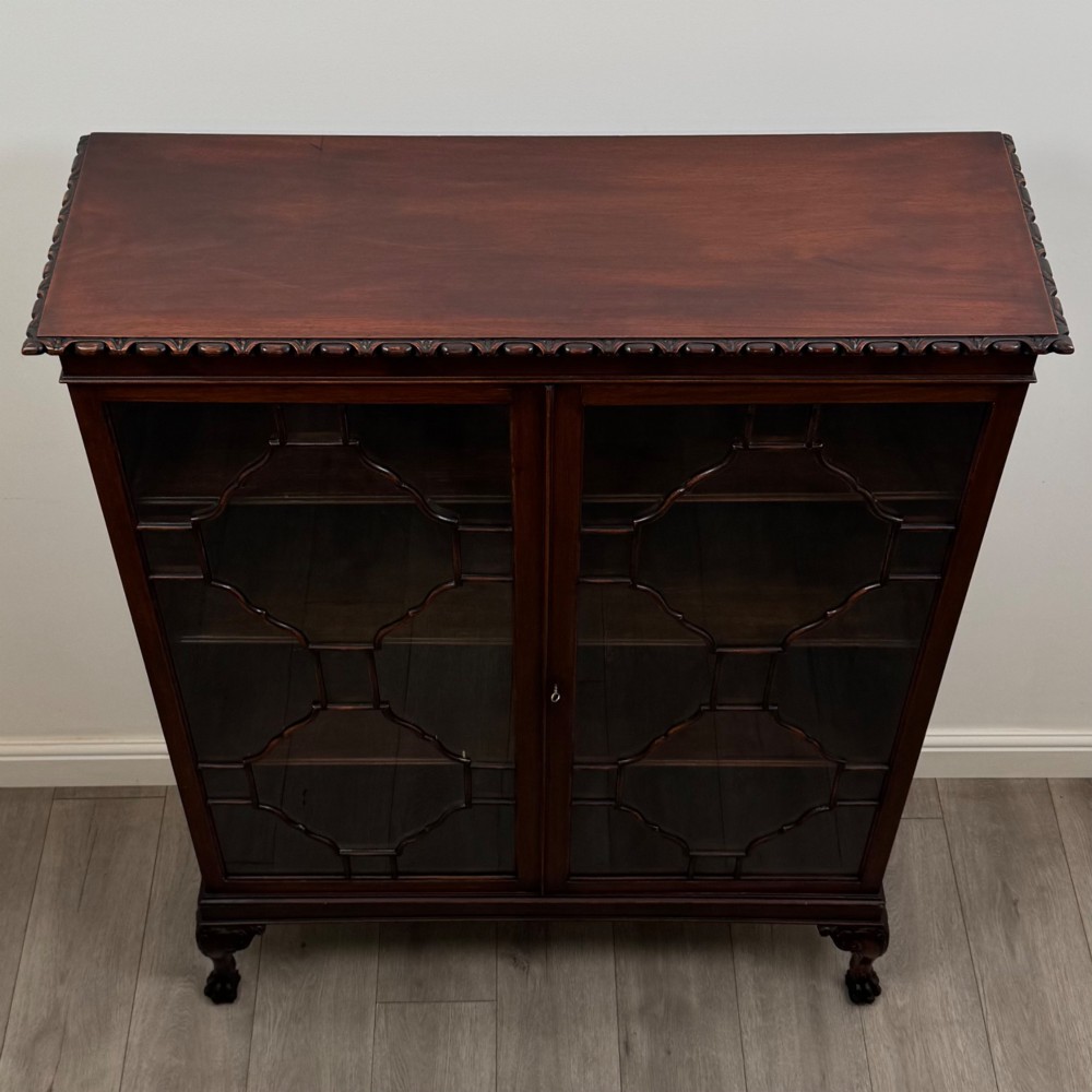 An Edwardian dark mahogany display cabinet featuring double astragal glazed doors and cabriole legs with carved claw and ball feet. View X
