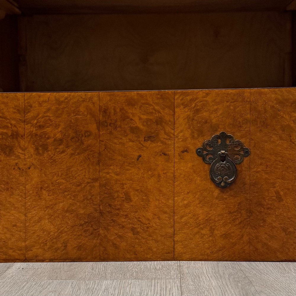 An Edwardian burr walnut storage cupboard featuring two top doors with brass strap hinges above two drawers on cabriole legs. View XII