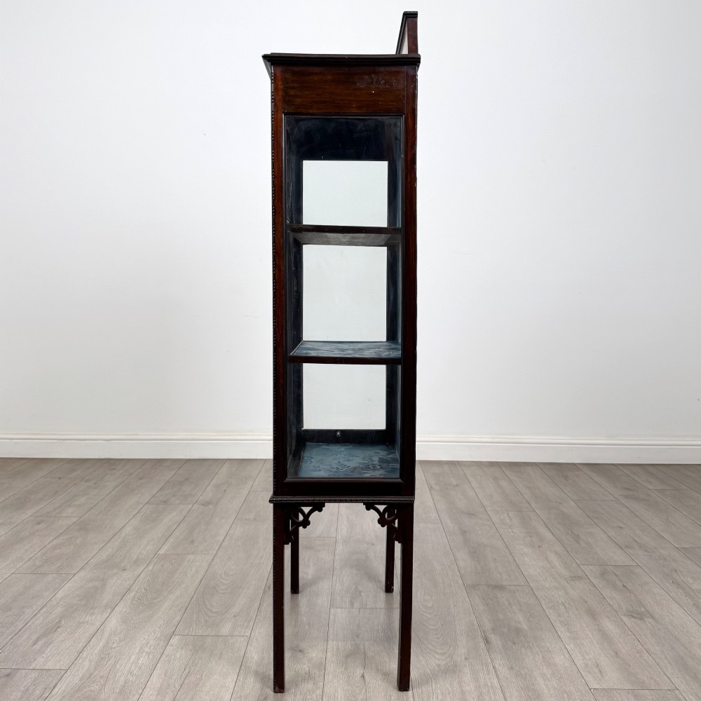 A slender Edwardian mahogany glazed display cabinet featuring astragal door bars and a fabric-lined interior raised on square legs. View IV