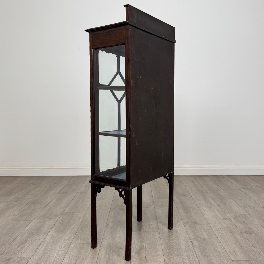 A slender Edwardian mahogany glazed display cabinet featuring astragal door bars and a fabric-lined interior raised on square legs. View V