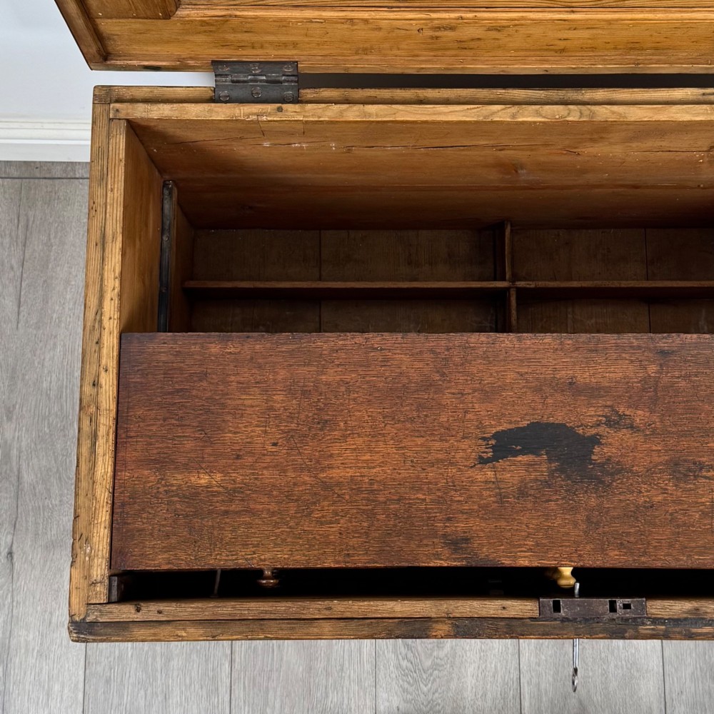 A nineteenth-century pine storage chest featuring visible hand-cut dovetail corner joints and a moulded base. View XI