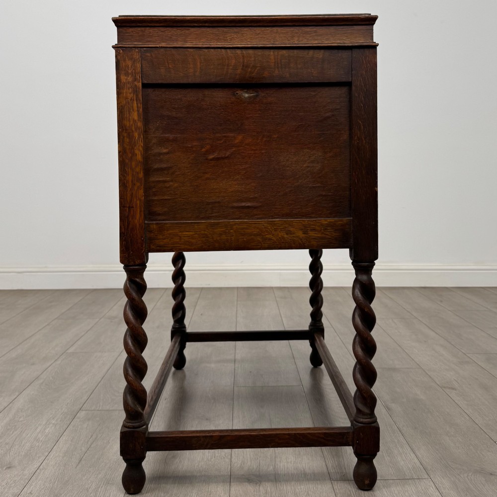A dark oak Jacobean style cabinet featuring two doors with geometric fielded panels, twin brass drop handles, and four barley twist legs supported by low stretchers. View IV