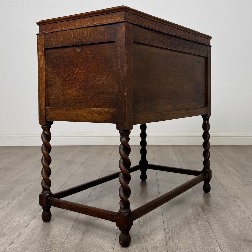 A dark oak Jacobean style cabinet featuring two doors with geometric fielded panels, twin brass drop handles, and four barley twist legs supported by low stretchers. View V