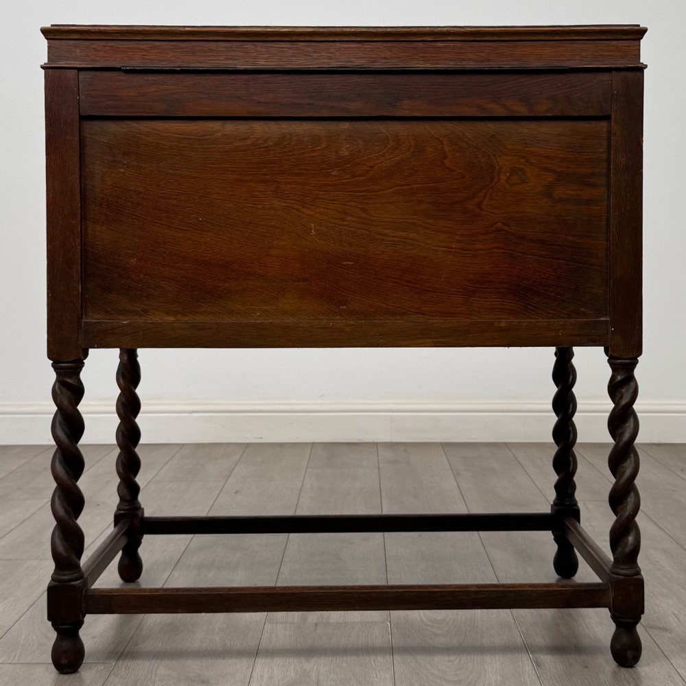 A dark oak Jacobean style cabinet featuring two doors with geometric fielded panels, twin brass drop handles, and four barley twist legs supported by low stretchers. View VI