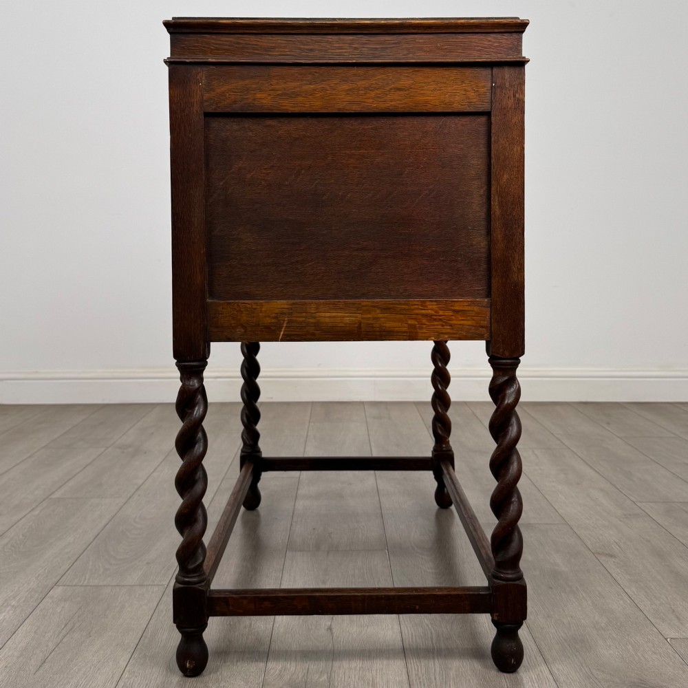A dark oak Jacobean style cabinet featuring two doors with geometric fielded panels, twin brass drop handles, and four barley twist legs supported by low stretchers. View VIII