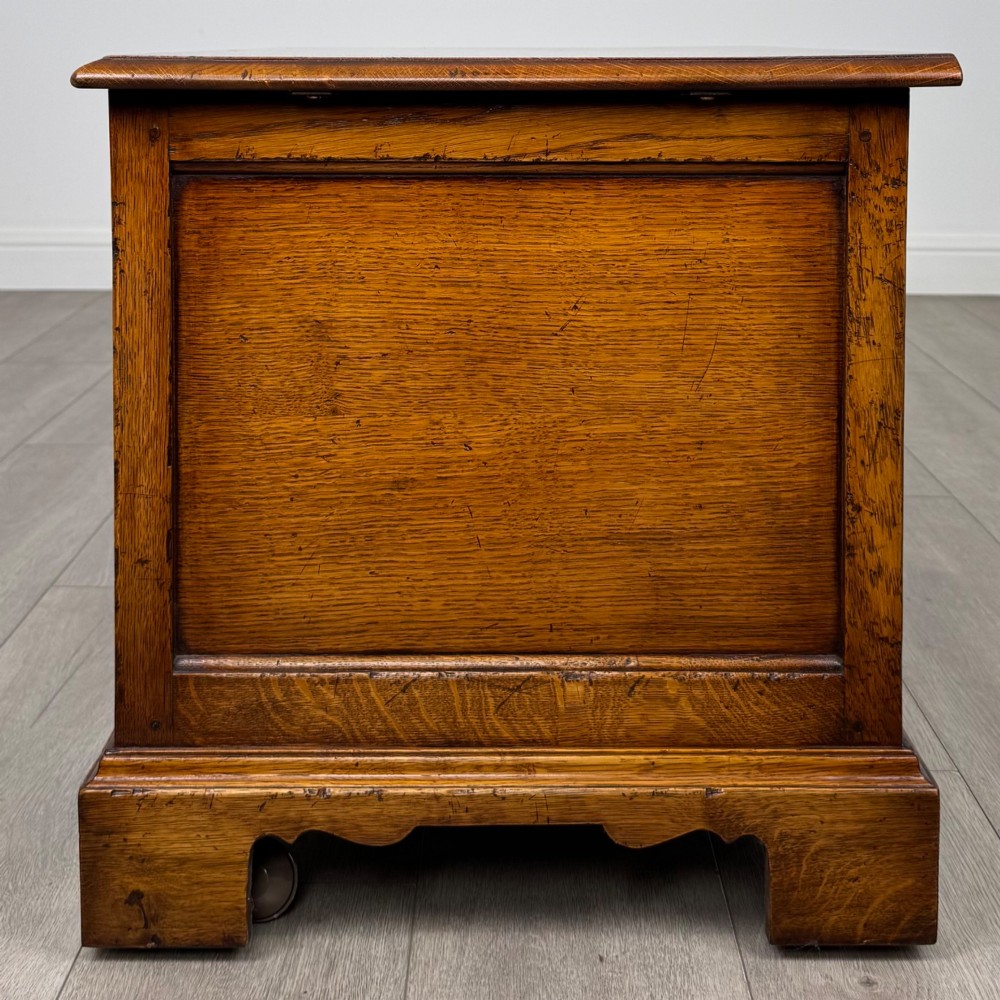 A low two-drawer oak chest featuring raised panel fronts, decorative brass drop handles, and bracket feet in a warm brown finish. View IV