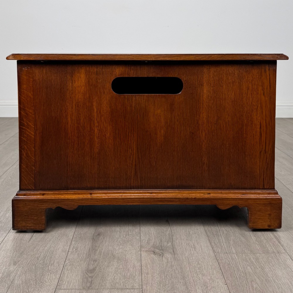 A low two-drawer oak chest featuring raised panel fronts, decorative brass drop handles, and bracket feet in a warm brown finish. View VI