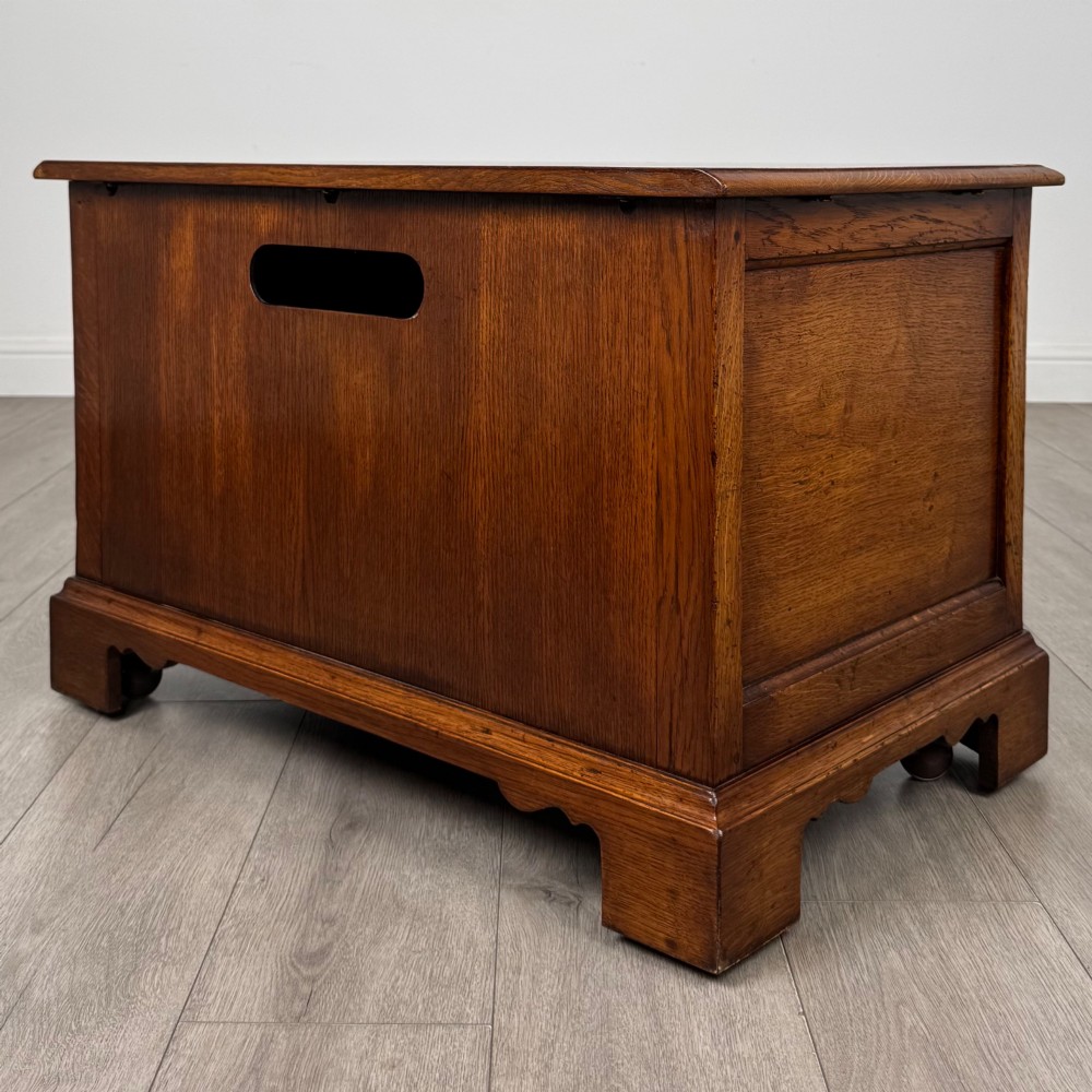 A low two-drawer oak chest featuring raised panel fronts, decorative brass drop handles, and bracket feet in a warm brown finish. View VII