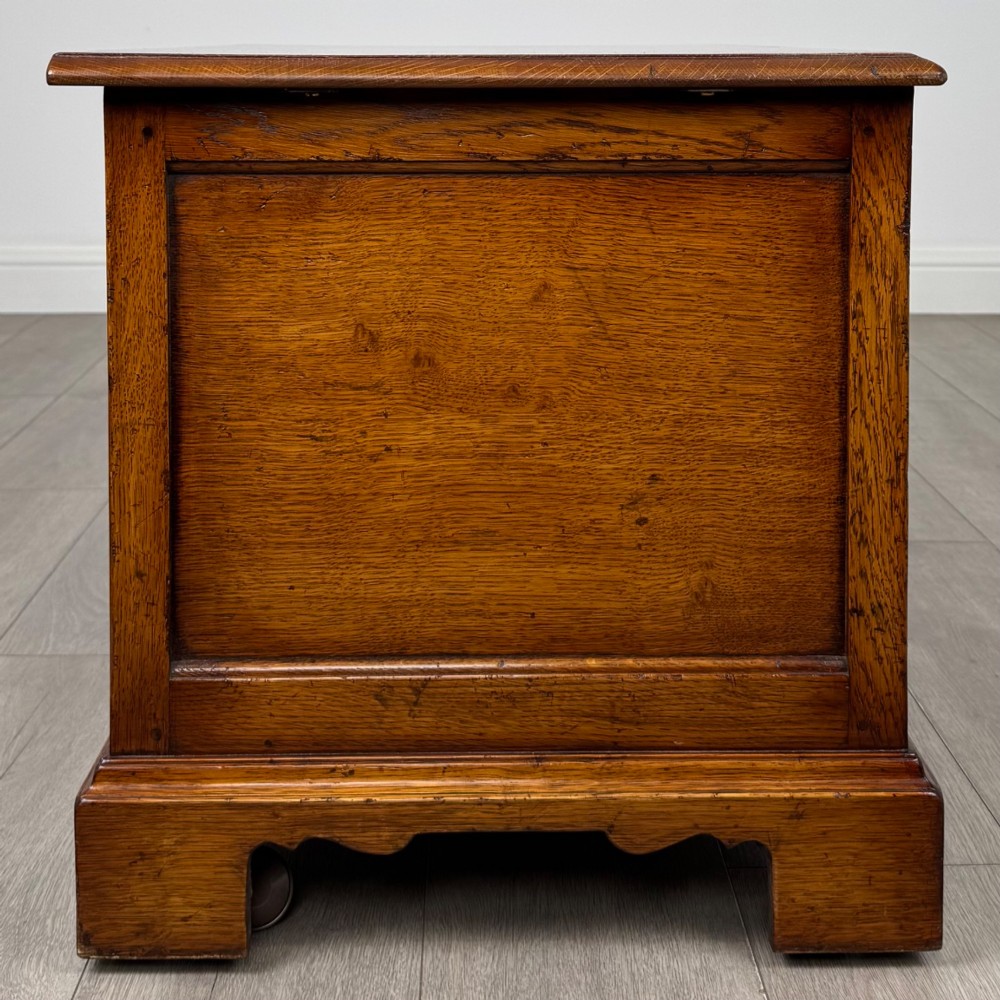 A low two-drawer oak chest featuring raised panel fronts, decorative brass drop handles, and bracket feet in a warm brown finish. View VIII